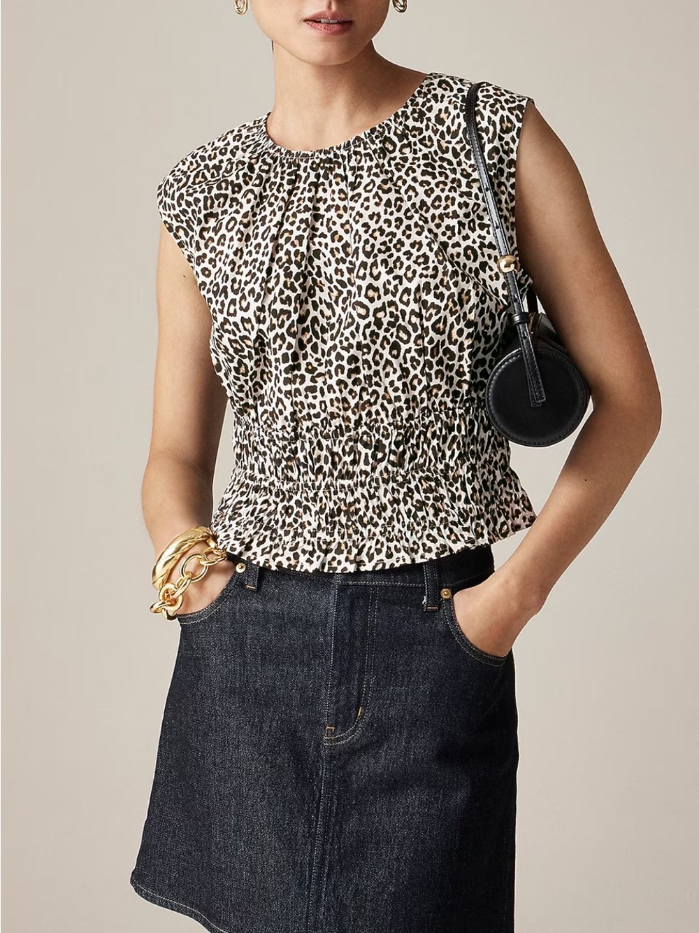 JCREW Hyacinth Leopard Print Smocked Waist Sleeveless Top - White/Tan